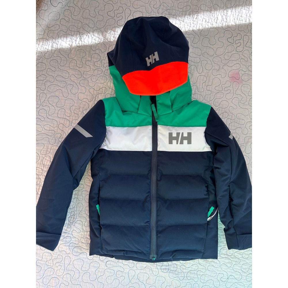 Helly Hansen Kids Puffer Ski Jacket Navy Green White Hooded Coat Size 4 NWOT